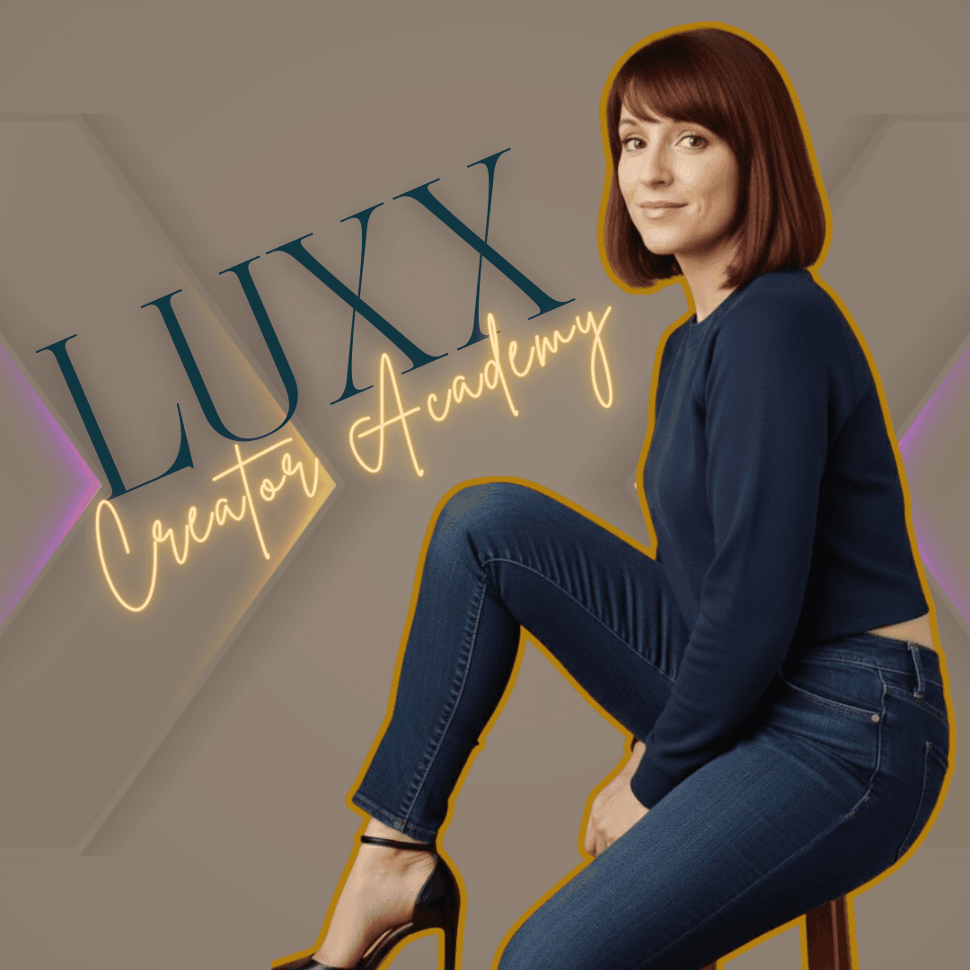 Woman in navy blue outfit sitting casually with "LUXX Creator Academy" text overlay on geometric background