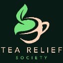 Green tea leaf logo with brown teacup handle forming the text "TEA RELIEF SOCIETY" on dark background
