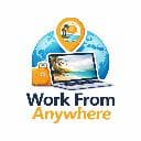 Work From Anywhere logo featuring a person at a laptop with palm trees and sun in a circular blue badge design