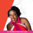 Smiling woman in pink top against red and white geometric background for The AI Marketing School community logo
