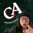 Person pointing finger up beside "CA Change Agents" logo with dark green matrix-style background