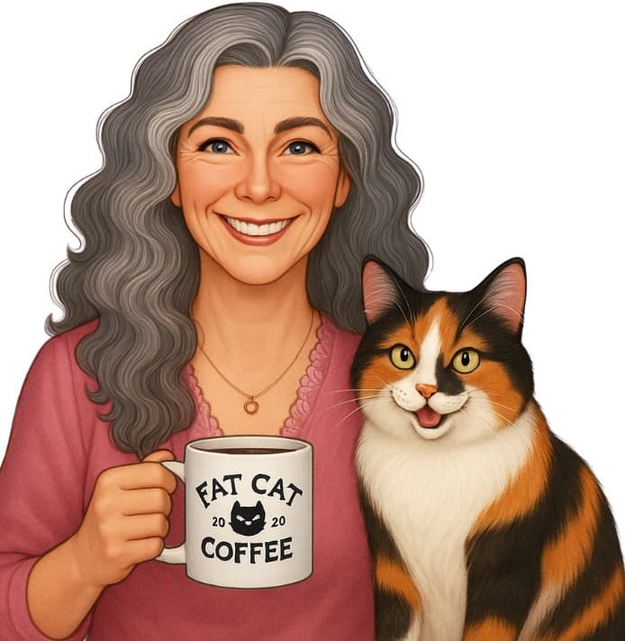 Woman holding "Fat Cat Coffee 2020" mug with orange, black and white cat beside her, both smiling