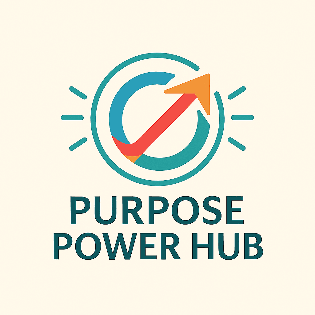 Logo featuring a circular design with teal rings and radiating lines, containing an upward arrow in red and orange gradient. Text reads "PURPOSE POWER