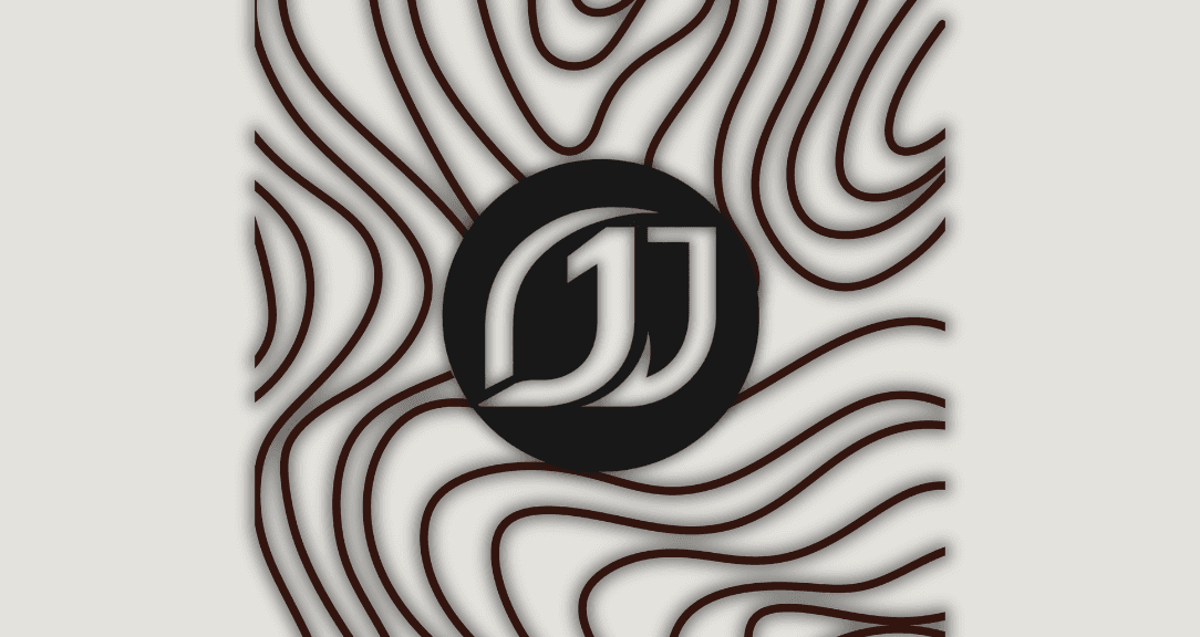 Dark circular logo with "DJ" letters surrounded by flowing curved lines creating a dynamic swirl pattern on beige background