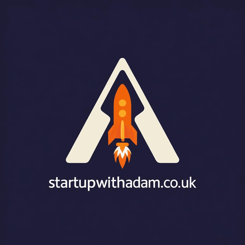 Logo featuring a white letter "A" with an orange rocket launching upward through the center, with "startupwithadam.co.uk" text below on dark blue back