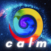 Colorful rainbow spiral logo on starry galaxy background with the word "calm" in white text below.
