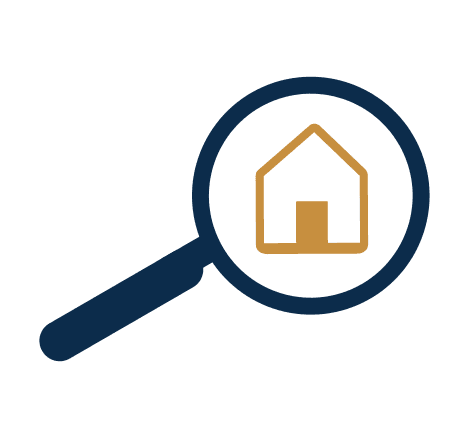 Magnifying glass with house icon inside, representing property search and real estate education