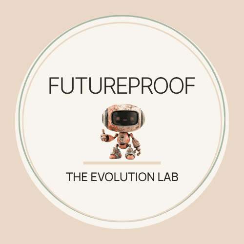 Circular logo for "Futureproof – The Evolution Lab" featuring a small rusty retro robot giving a thumbs up.