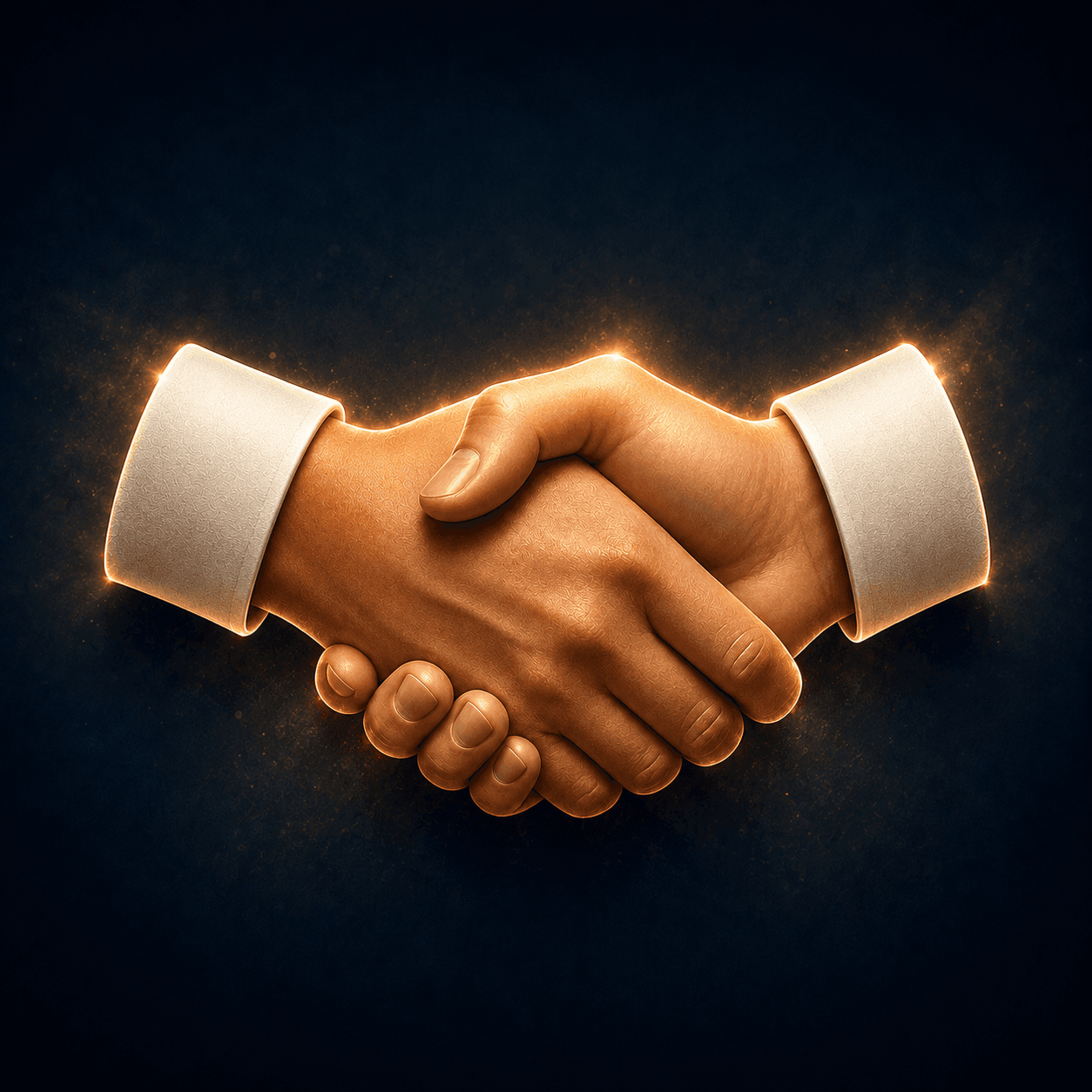 Two hands in business suits shaking hands with golden glow effect against dark background