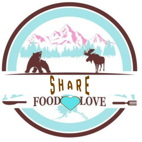 Circular logo for "Share Food Love" featuring mountains, forest, bear and moose silhouettes with crossed utensils and blue heart