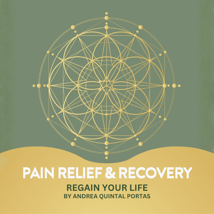 Geometric golden mandala pattern on sage green background with "Pain Relief & Recovery - Regain Your Life by Andrea Quintal Portas" text below