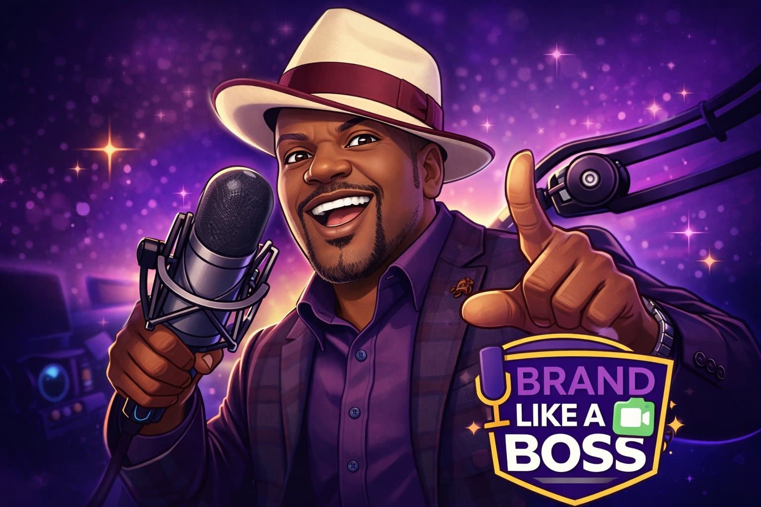 Man in fedora hat speaking into microphone with "Brand Like A Boss" logo against purple starry background