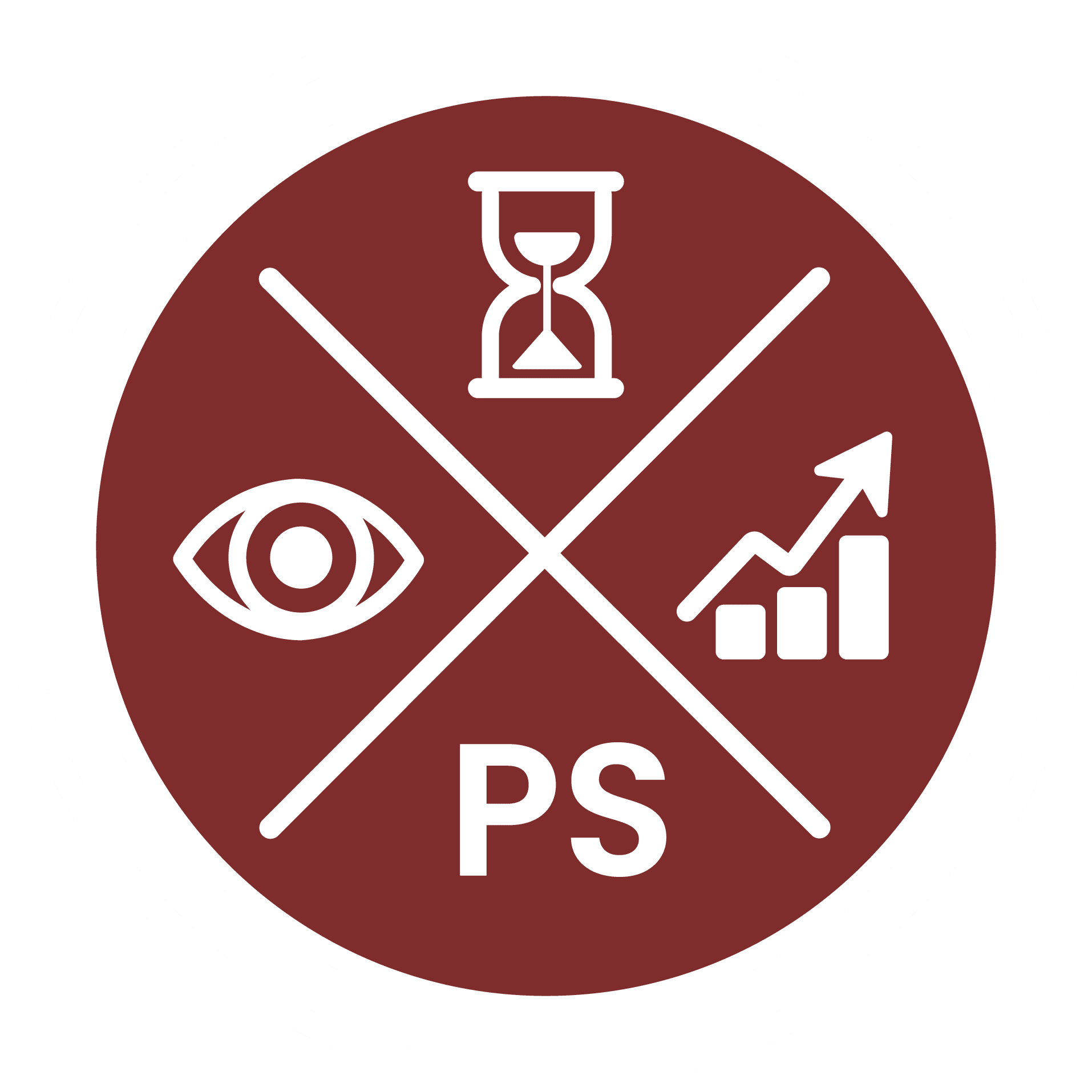 Red circular logo with "PS" and three white icons: hourglass, eye, and upward trending bar chart, divided by crossed lines