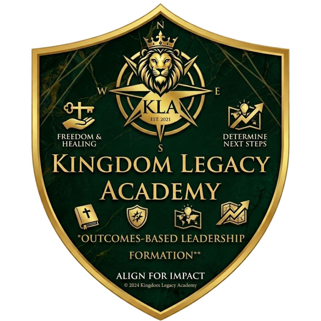 Kingdom Legacy Academy shield logo with lion, compass, gold on green. Est. 2021. Outcomes-Based Leadership Formation.