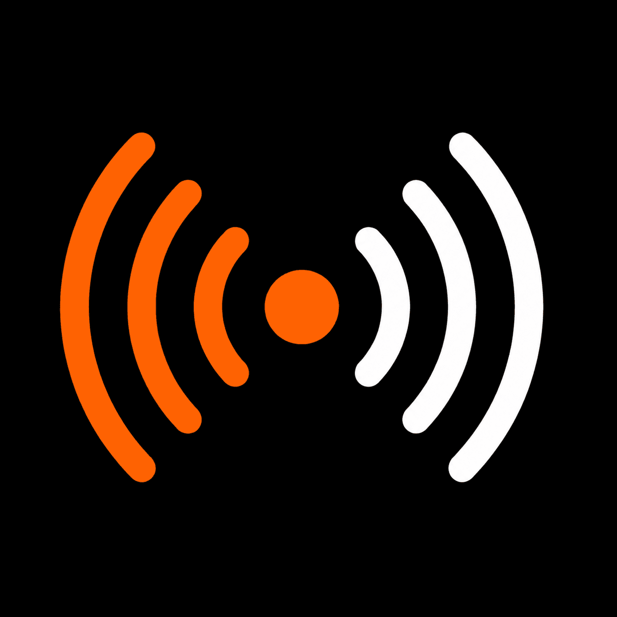 Amplif-AI your Business logo: orange and white radio signal waves radiating from a central orange dot on black background.