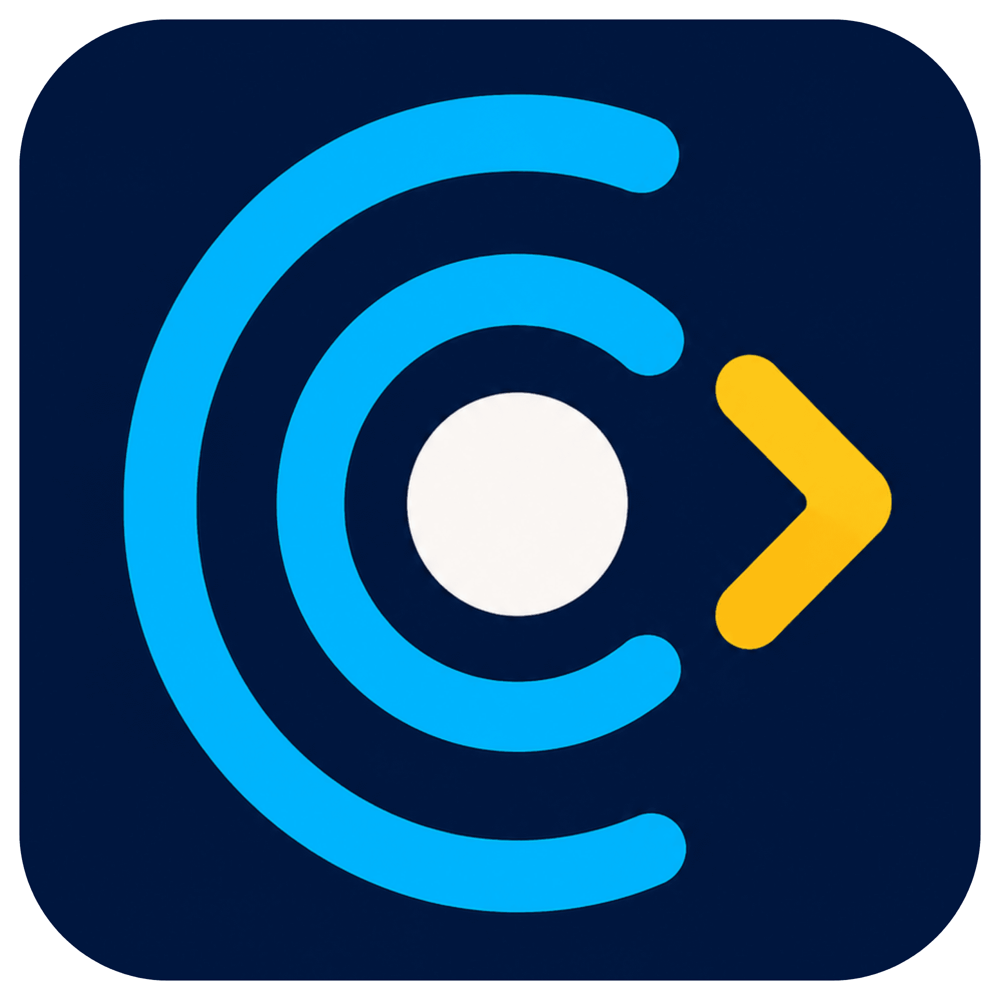 SkoolCue logo: dark navy background with concentric blue arcs forming a C-shape, white circle center, yellow chevron arrow pointing right.