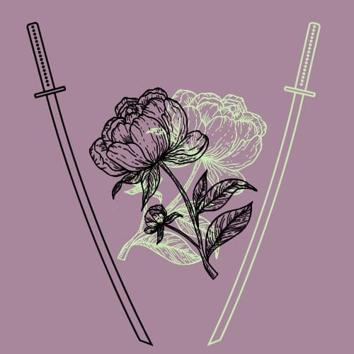 Two crossed swords behind a detailed floral design with leaves on purple background - Invisible Warriors community logo