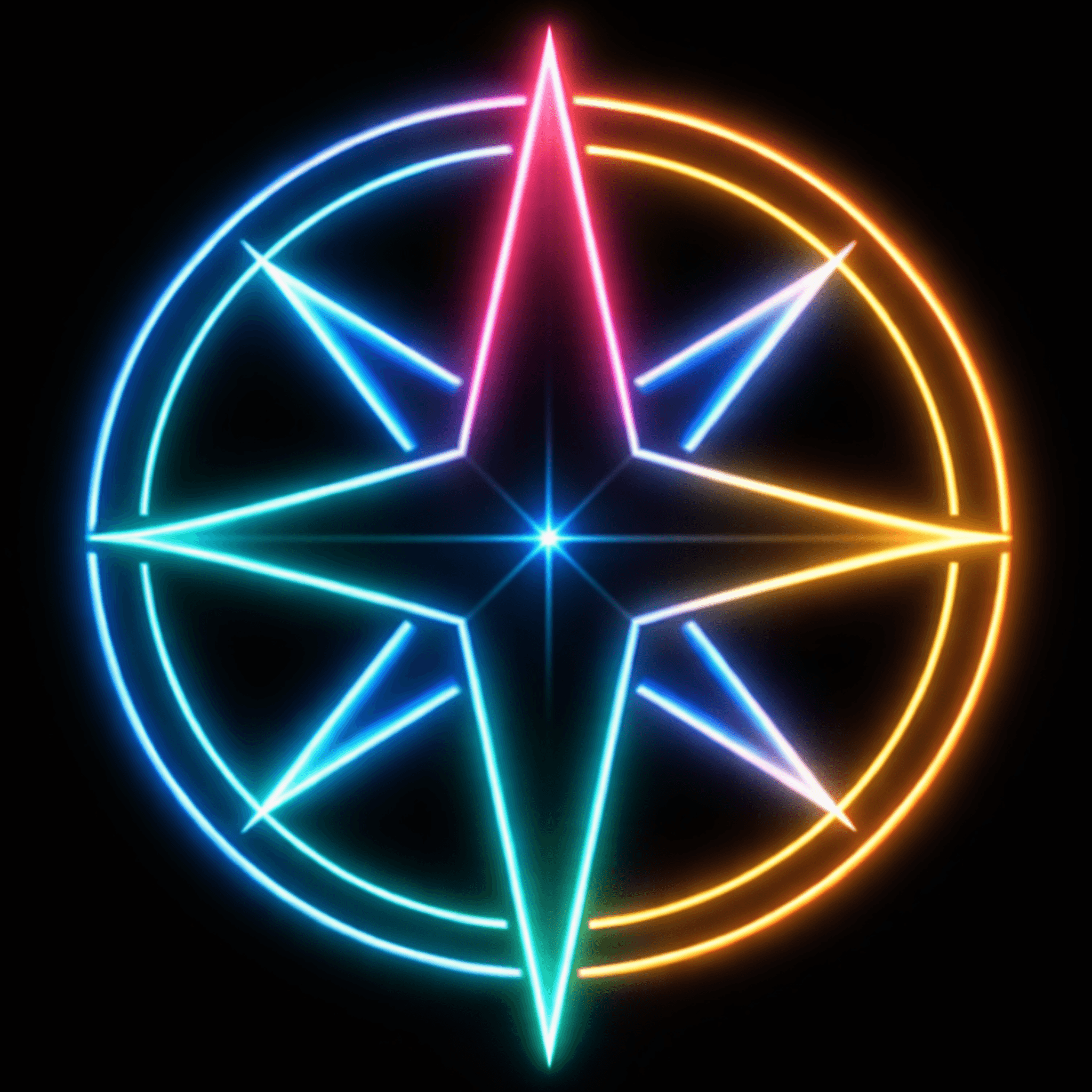 Neon compass rose logo with eight-pointed star design in gradient colors from blue to pink to orange on black background
