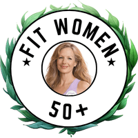 Circular logo with green leaf border featuring "FIT WOMEN 50+" text and a woman's headshot in the center
