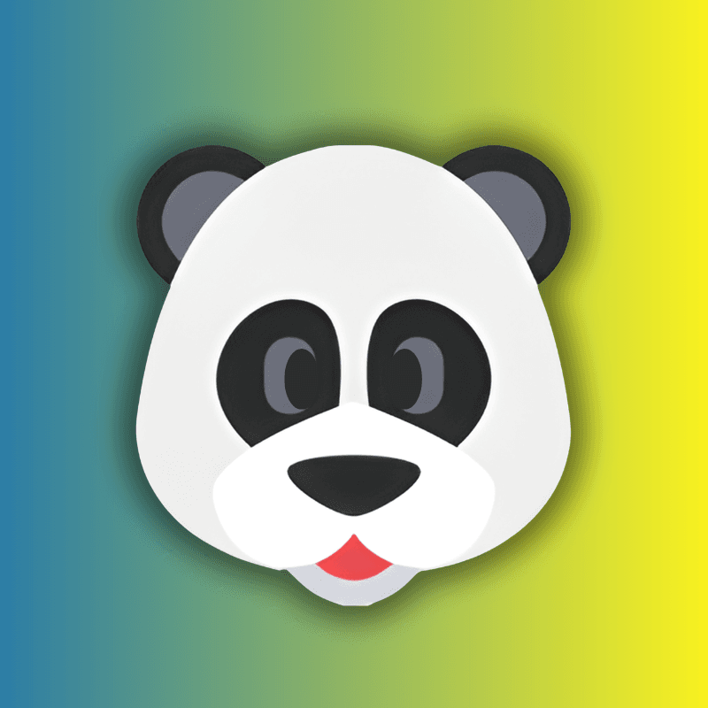 Cartoon panda face logo with black ears, white head, black eye patches, and red tongue on blue-green-yellow gradient background