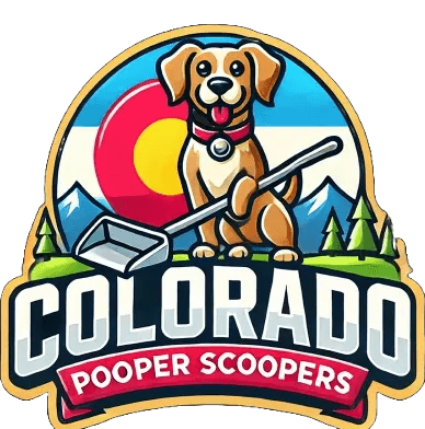 Colorado Pooper Scoopers logo: a golden retriever holding a scooper in front of a Colorado flag circle and mountains.