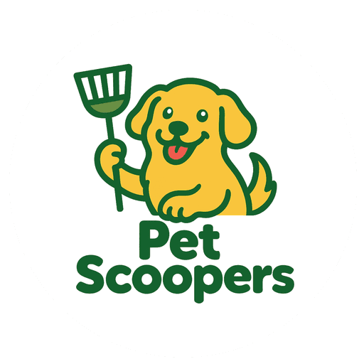 Pet Scoopers logo: a smiling golden dog holding a scooper above the company name