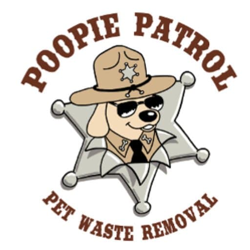 Poopie Patrol pet waste removal logo: a cartoon dog in a sheriff hat and sunglasses on a star badge