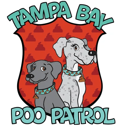 Tampa Bay Poo Patrol logo: a red shield with a Great Dane and a Weimaraner above the words Poo Patrol.