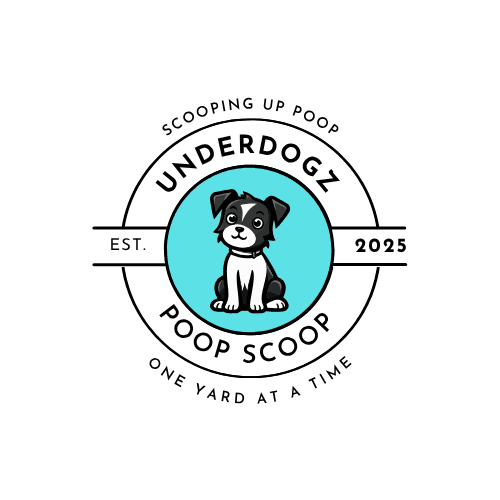 Underdogz Poop Scoop logo: a seated black and white dog in a teal circle, with the words Est. 2025