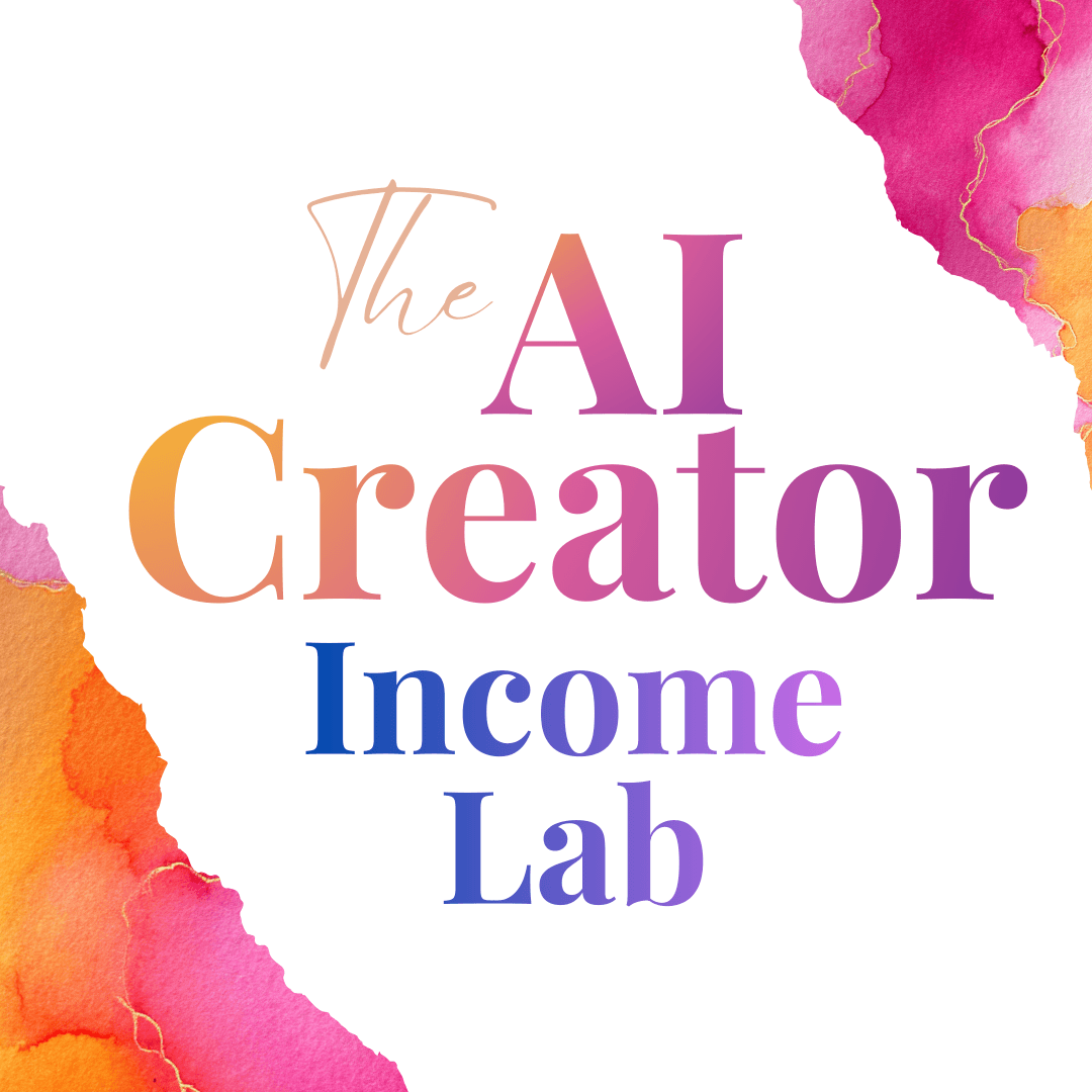 Colorful watercolor logo with gradient text reading "The AI Creator Income Lab" in orange, pink and blue hues