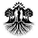 Tree logo with human figure at center, surrounded by leafy branches above and extensive root system below