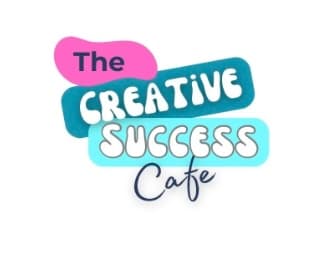 Colorful logo with "The Creative Success Cafe" text in white letters on overlapping pink, teal, and light blue speech bubble shapes