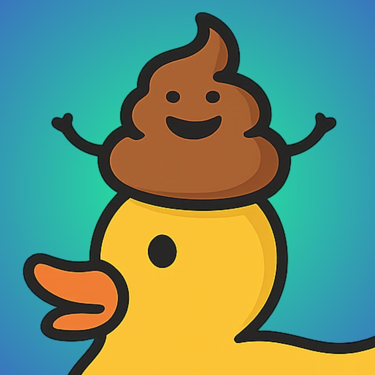 Cartoon poop emoji with smiling face and raised arms sitting on top of yellow rubber duck against blue-green gradient background