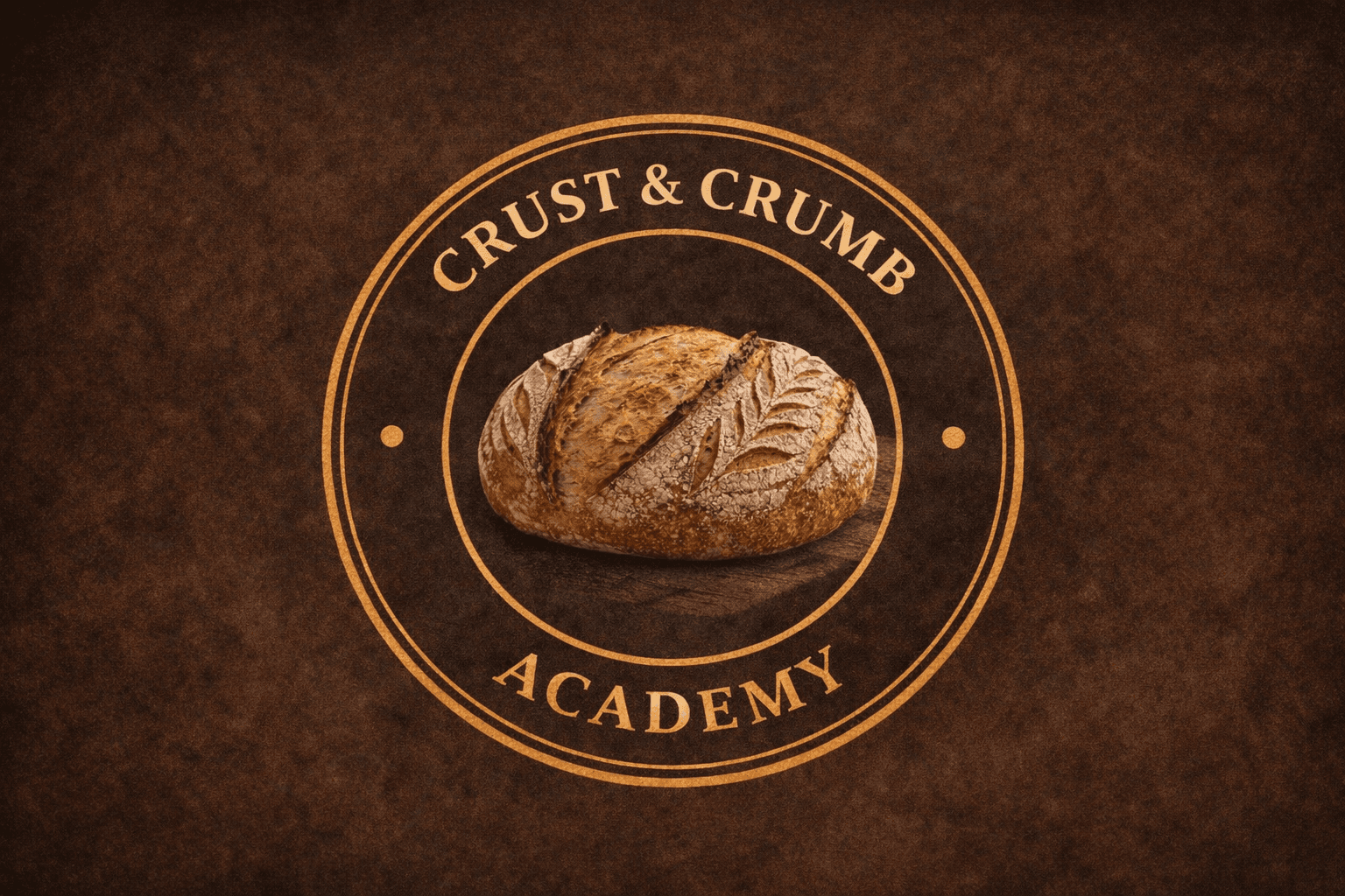 Circular logo for Crust & Crumb Academy featuring a rustic artisan bread loaf in the center on a dark brown textured background