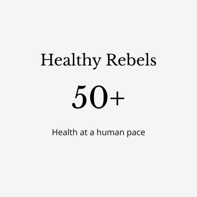 Simple text logo reading "Healthy Rebels 50+" with tagline "Health at a human pace" on light background