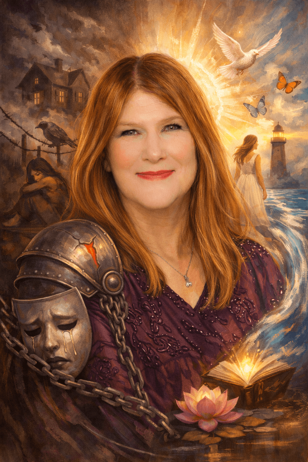 Logo of 'I AM the Light Sanctuary' featuring a woman amidst symbolic imagery of hope and transformation.