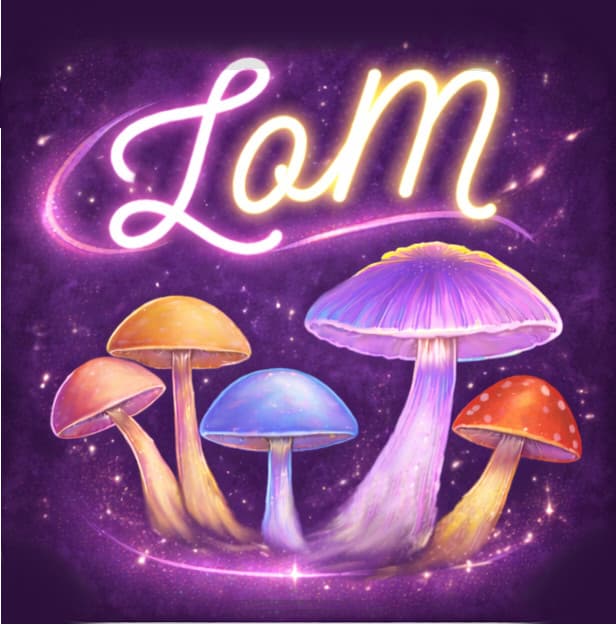 Neon "LoM" text above colorful illustrated mushrooms on purple starry background - Ladies of Mycology community logo