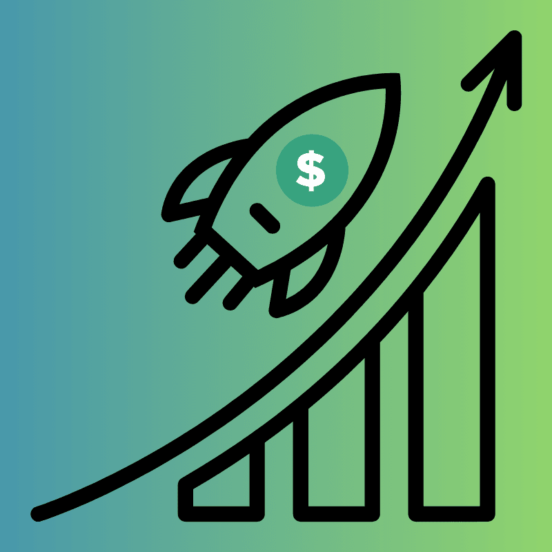Rocket with dollar sign launching upward alongside rising bar chart arrow on blue-green gradient background