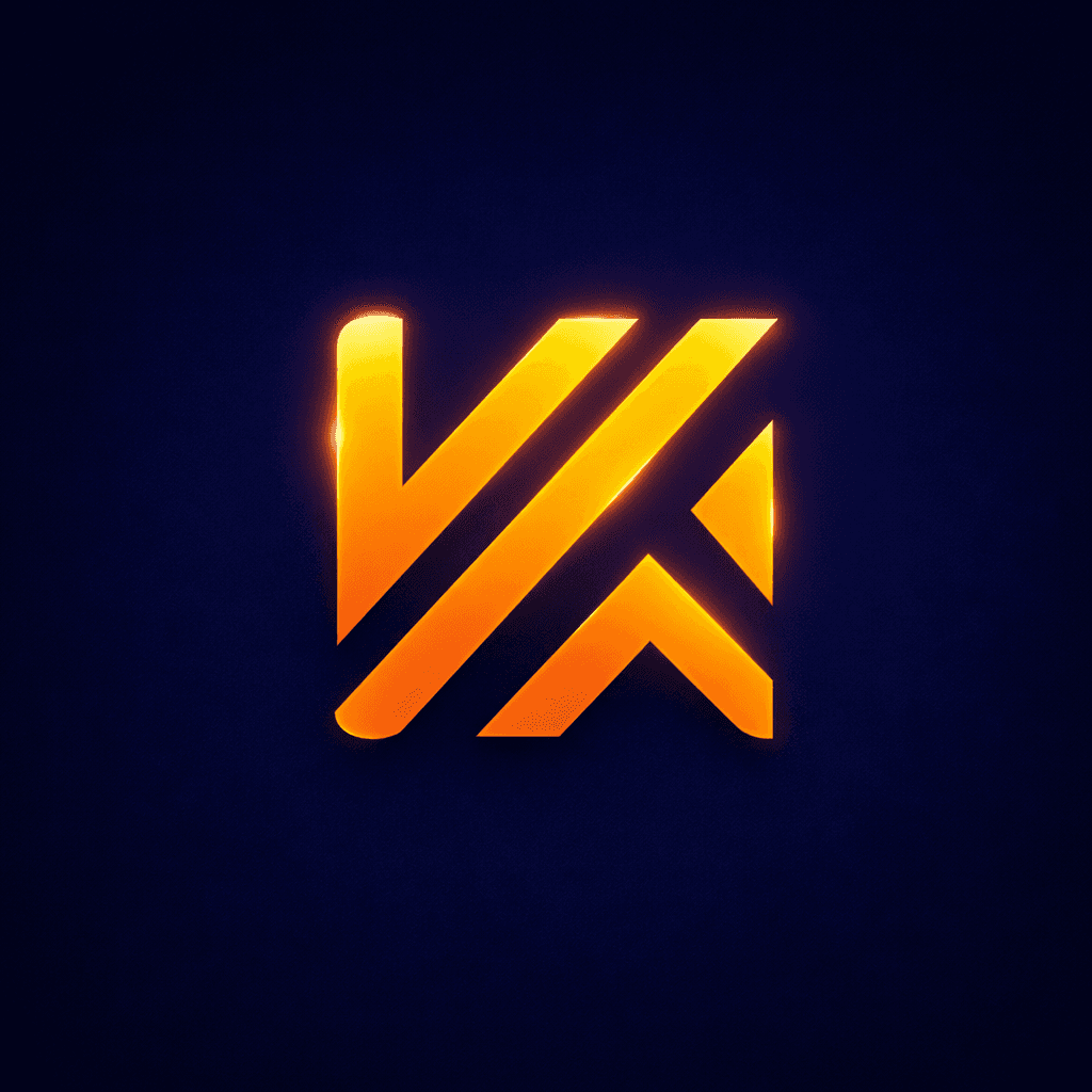 Stylized orange and yellow "K" logo with geometric design and glowing effect on dark blue background