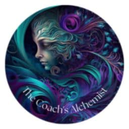 Circular logo featuring a woman's profile with flowing teal and purple hair, with text "Life Coach's Alchemist"